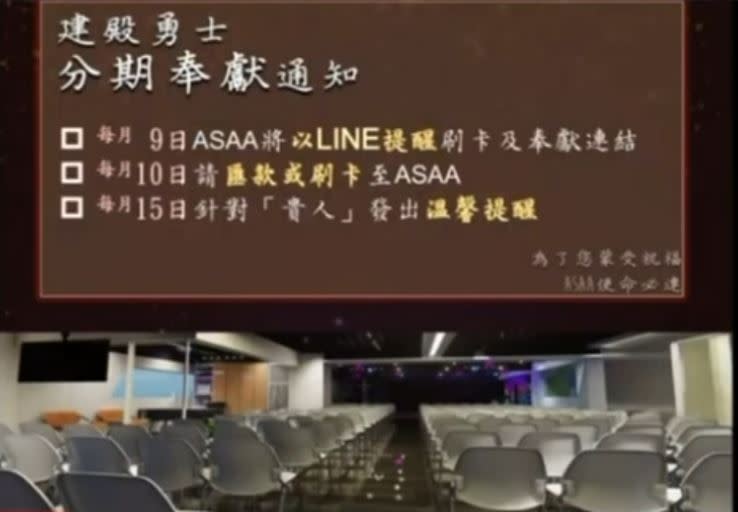 「藝起發光」教會建殿勇士分期奉獻通知簡報。   圖：翻攝自《三立新聞網》