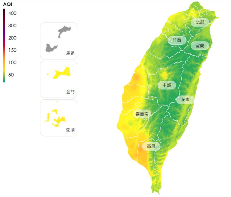 全台空品已恢復正常，唯獨中南部空汙較難消散，因此部分區域仍是橘燈。   圖：取自空氣品質監測網