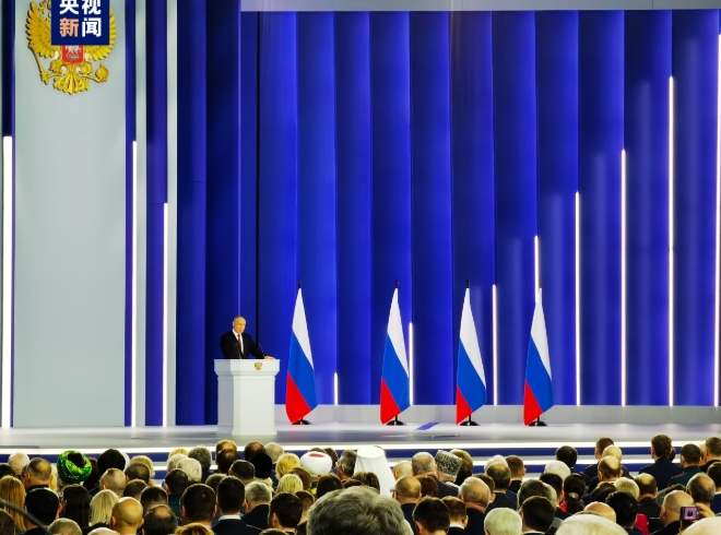 俄羅斯總統普丁發表對烏入侵一周年特別講話。   圖 : 翻攝自央視