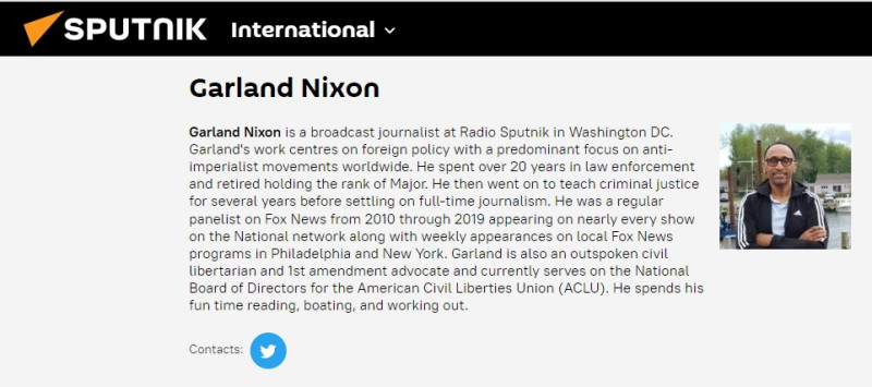 蔡正元大肆廣傳的美國毀台論源頭Garland Nixon，實為俄羅斯官媒底下傳聲筒。   圖:翻攝自俄羅斯衛星通訊社