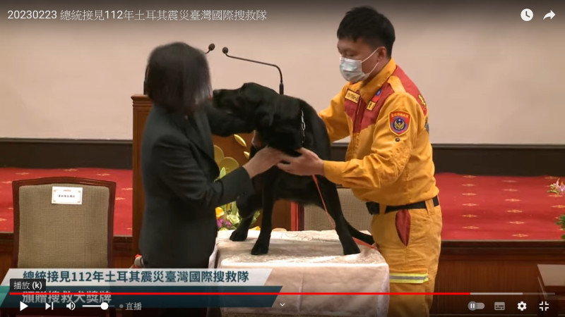 搜救犬Hugo熱情舔了總統蔡英文一下。   圖：翻拍自總統府YouTube