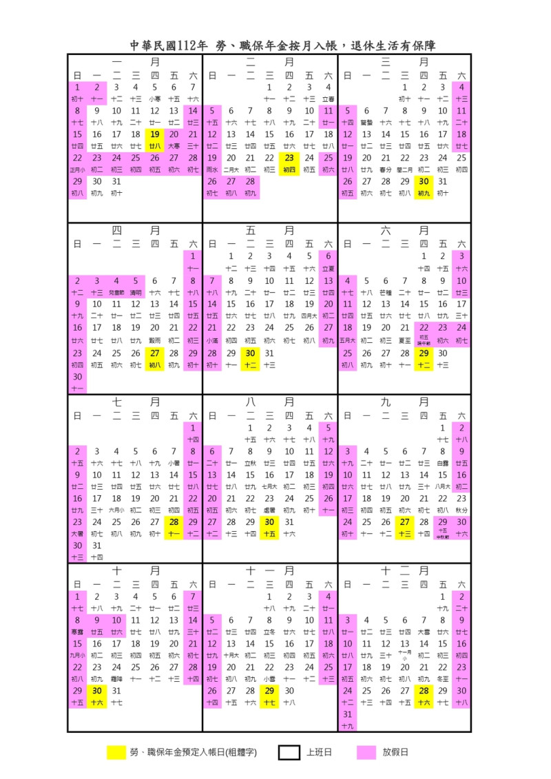 112年勞、職保年金預定入帳日曆表   圖/取自勞動局網站
