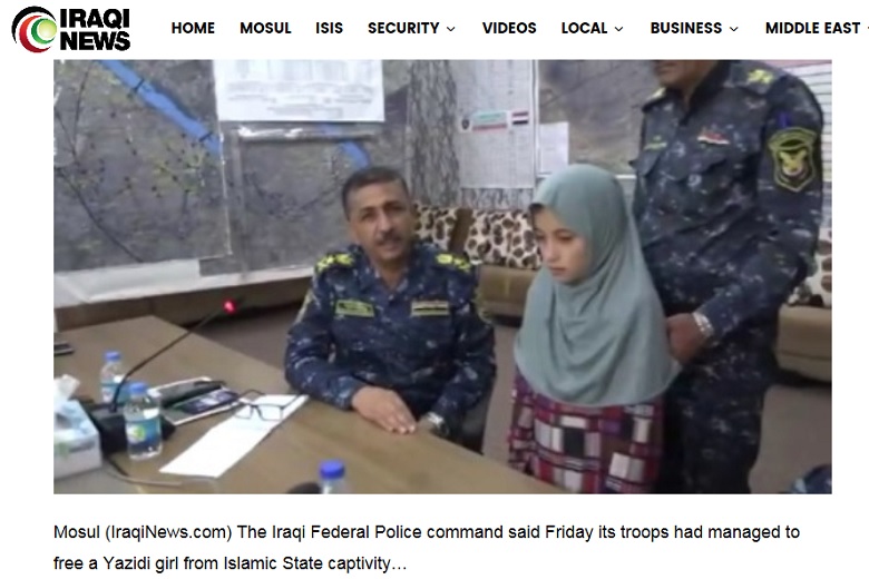 伊拉克部隊在摩蘇爾救出一名11歲亞茲迪女孩，這名女孩2014年遭聖戰組織伊斯蘭國綁架，賣去當奴隸。   圖：翻攝Iraqi News官網