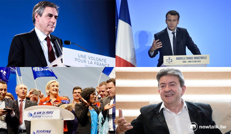 法國總統首輪投票，4名民意支持度領先的候選人競爭激烈，分別是費雍（左上）、馬克宏（右上）、勒龐（左下）、梅蘭德（右下）。   圖：新頭殼合成