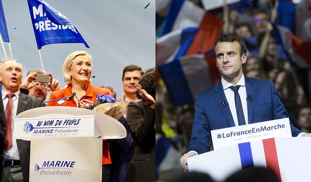 親歐的馬克宏(右)向法國總統府挺進一步，歐盟經濟事務執委莫斯柯維奇24日警告，極右派領導人勒龐(左)仍是勁敵。   圖:新頭殼合成照片