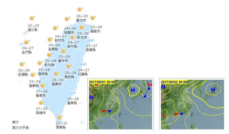 白天溫暖、早晚涼，日夜溫差仍大；正午前後紫外線強、注意防曬；西半部約攝氏30度，週二鋒面在台灣附近醞釀，有一些局部性短暫陣雨的機率。   圖:翻攝自中央氣象局