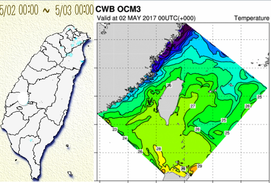 左圖：昨(2)日累積雨量圖顯示，昨晨通過的微弱鋒面，結構鬆散，帶來的降雨很零星、短暫，有些在清晨、部分在午後。
右圖：昨(2)日8時海溫分析，類似冬、春兩季的海溫分布的特徵，華南沿海海溫明顯偏低(深藍)，往東往南海溫逐漸升高(綠、黃)。   圖：翻攝自洩天機教室