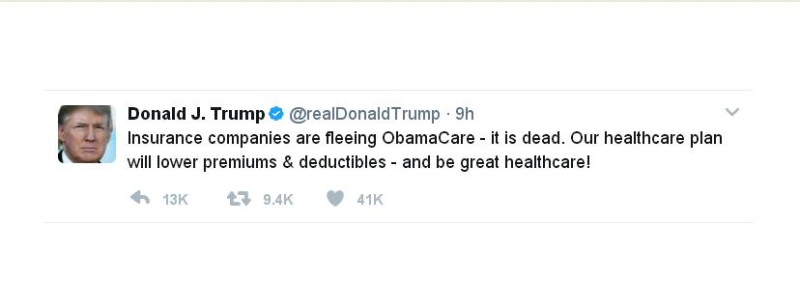 眾議院通過廢除「歐記健保」的法案後，川普在twitter上表示，「歐記健保」是一場災難，它在本質上死了，我們會終結它。   圖:截圖自川普twitter