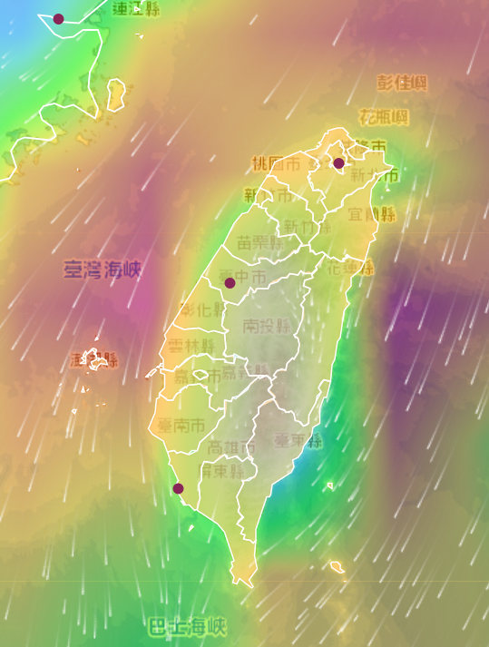 24日下午台灣地區風場為北風至北北東風。   圖：截取cwb.gov.tw網頁
