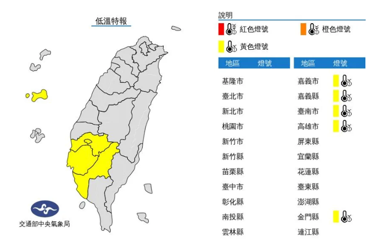 中央氣象局發清晨布南部4縣市及金門低溫特報。   圖: 翻攝自中央氣象局網站