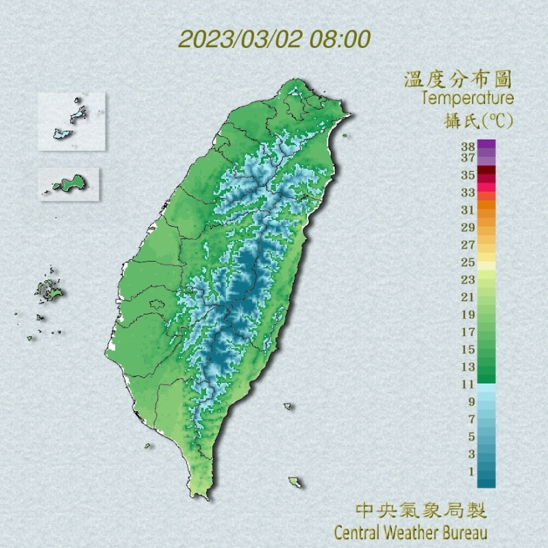 今日各地區平地氣溫，北部13至19度，中部10至25度，南部11至28度，東部16至25度。   圖：翻攝自中央氣象局官網