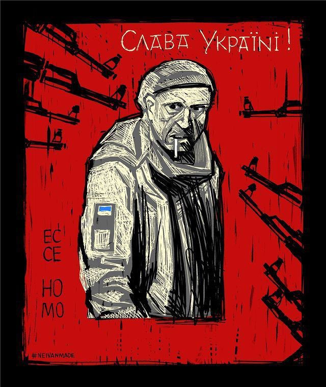 烏軍老兵最後的身影被烏克蘭人民制成各種文宣去悼念他。   圖：翻攝自推特用戶