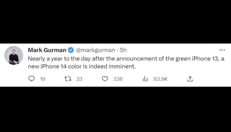 Mark Gurman在推特表示，「在去年iphone13的綠色以後，iPhone 14新色的確讓人迫不及待」，但Mark Gurman並末說出相關新色的細節。   圖：翻攝自Mark Gurman推特