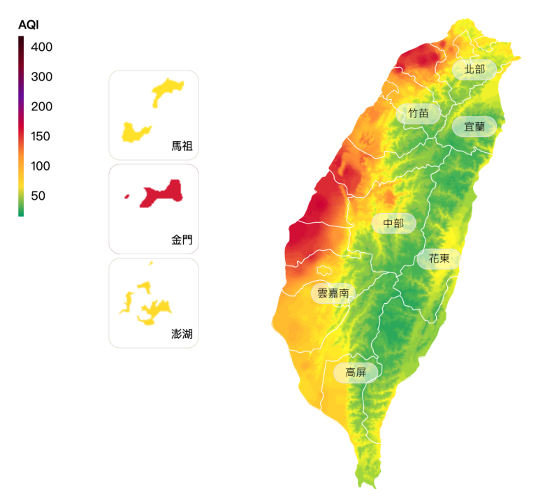 西半部擴散條件差，污染物易累積，許多縣市都亮起了紅色燈號。   圖：翻攝自環保署空品監測網