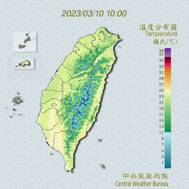 今(10)日各地低溫14到17度，白天各地高溫26到28度之間。   圖：翻攝自中央氣象局網站