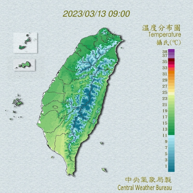 今日受大陸冷氣團影響，各地溫度明顯下降，北台灣低溫預估在13到15度左右，其他地區落在15到18度之間。   圖：翻攝自中央氣象局官網