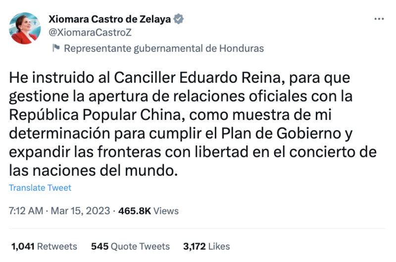 宏都拉斯總統卡蕬楚（Xiomara Castro）發文稱要與中國建立正式外交關係。   圖：翻攝自卡蕬楚推特
