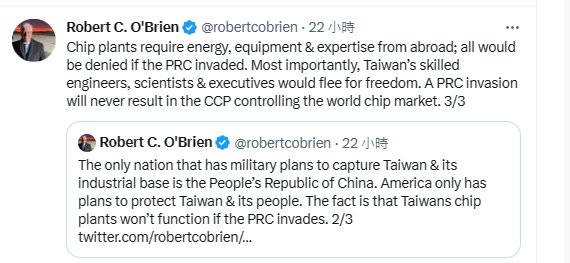 歐布萊恩（Robert O'Brien）推特發文。   圖：截自Robert O'Brien推特