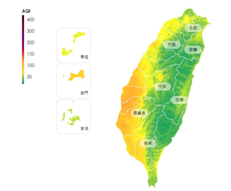 18日至19日上午東北季風影響，環境風場為東北風至東北東風，中南部地區位於下風處，污染物易累積。   圖/環保署空氣品質預測網