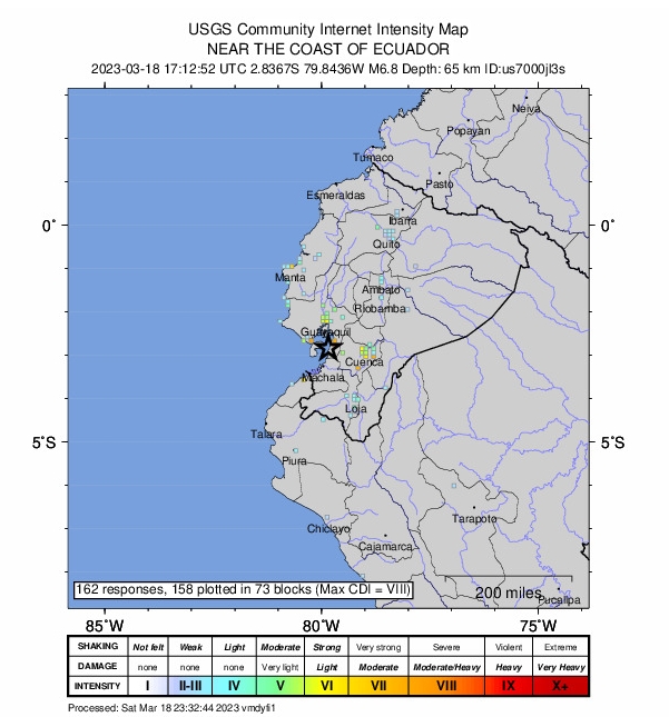 美國地質調查所（USGS）測得的地震規模為6.8，震源深度66.4公里，震央距離圭亞斯省（Guayas）巴勞市（Balao）約10公里。   圖/美國地質調查所（USGS）