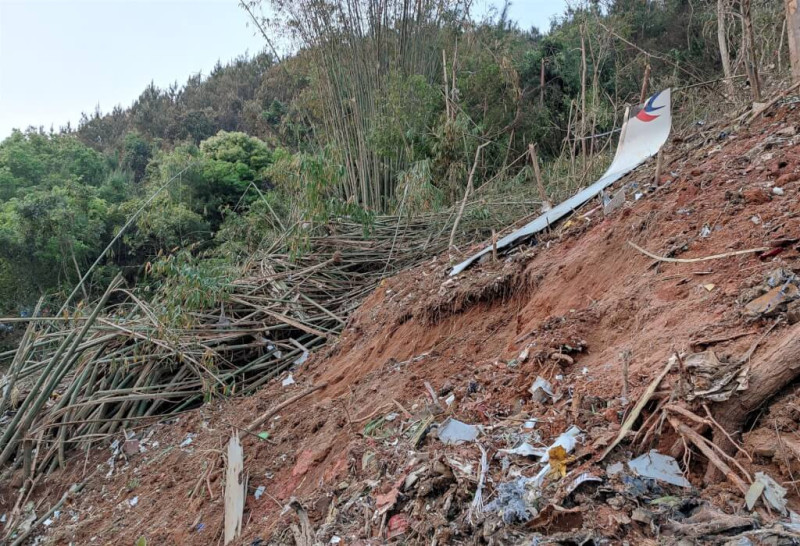 中國東方航空一架波音737客機去年3月21日在廣西梧州藤縣墜落，現場尋獲飛機殘骸。   圖：翻攝中新社