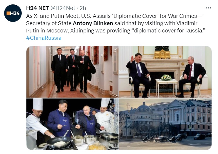 外電報導，中國領導人習近平（右上圖左）訪問俄羅斯，會晤該國總統普丁，美國抨擊中國為俄國的戰爭罪行進行「外交掩護」。   圖：翻攝自H24 NET推特