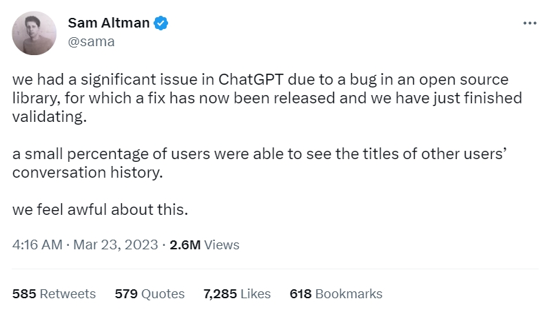 OpenAI執行長奧特曼昨(23)日表示，「由於資料庫當中的錯誤，我們在 ChatGPT 遭遇一個重大問題」   圖：翻攝自 Sam Altman推特