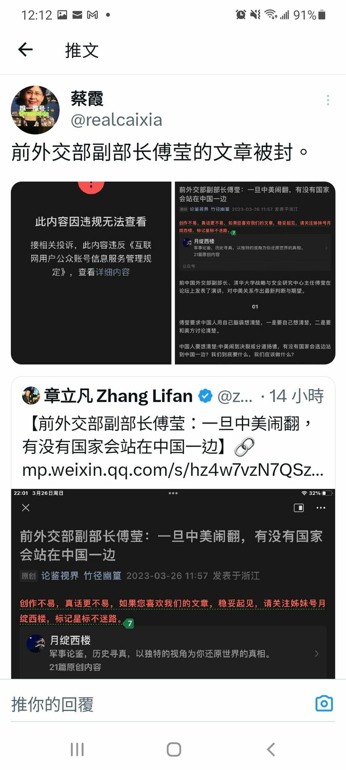 中國前外交部副部長傅瑩最近在微信發表文章，呼籲中國民眾想清楚，當中美關係徹底鬧翻時，有沒有國家願與中國站同一邊。此文章目前已被刪除。   圖：翻攝自推特