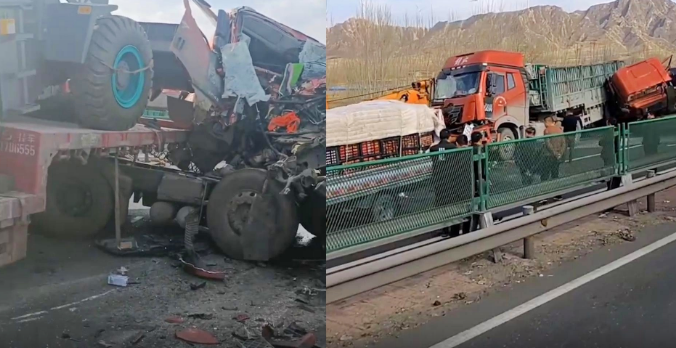 中國榮烏高速 ( 山西方向 ) 1,024 公里處發生車輛追撞事故，造成 12 輛貨車、2 輛小型客車不同程度受損。   圖: 翻攝自微博