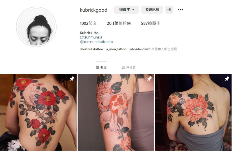志祺七七的刺青師公仔（Kubrick Ho）的IG就有20萬位粉絲。   圖：翻攝自Kubrick Ho IG