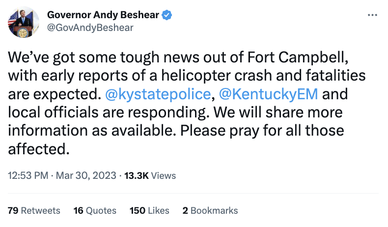 肯塔基州長貝希爾（Andy Beshear）表示根據消息回報，可能有人員傷亡。   圖：翻攝自貝希爾推特