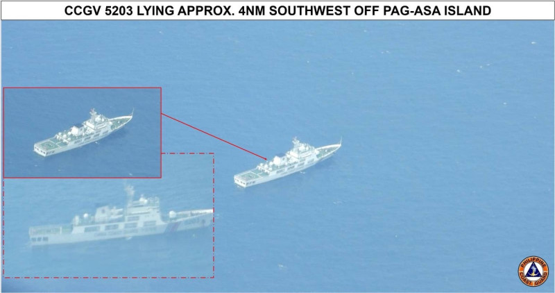 菲律賓海岸警衛隊海警船BRP Malapascua(MRRV-4403)在中業島發現中國海警船5203。   圖：翻攝@coastguardph推特