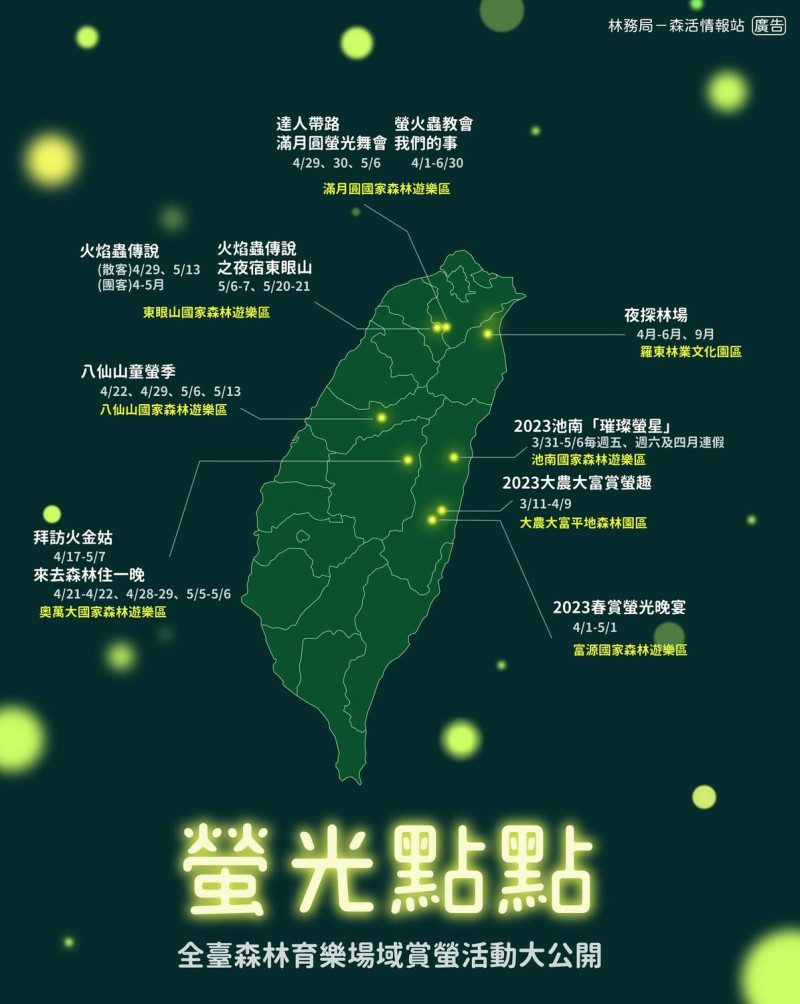 全台8大森林遊樂區賞螢活動大公開。   圖：取自林務局臉書