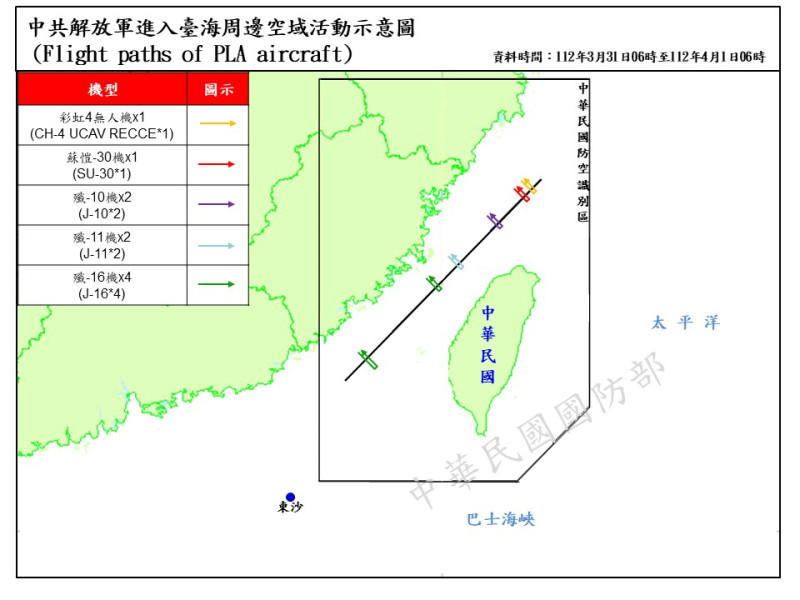 中國軍機擾台層次提高，31日中午以編組方式，分別自北中南逾越海峽中線。   圖：國防部提供