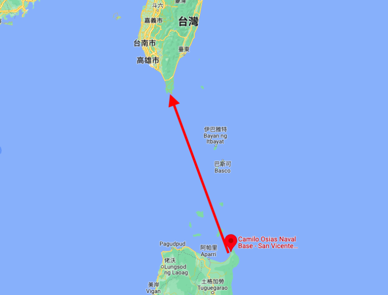 菲律賓3日公布新增4座可供美軍使用的軍事基地位置，其中一座在卡加延省的海軍基地距離台灣僅約400公里。   圖：翻攝自google