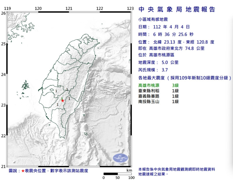 5時59分規模3.8地震，花蓮縣最大震度2級。   圖/中央氣象局