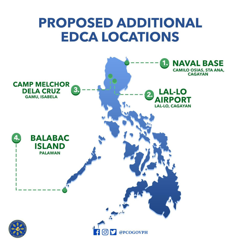  菲律賓政府正式公佈先前同意向美軍開放使用權限的4個新增軍事基地的具體位置。 圖：翻攝PCOGVOPH推特 