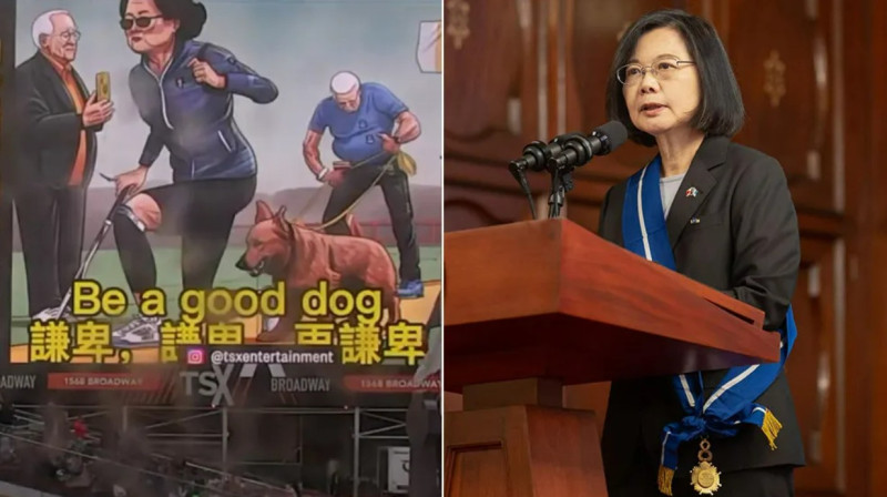中國小粉紅在紐約時代廣場刊登廣告（左）侮辱蔡英文（右）。   圖：翻攝自YouTube、蔡英文臉書