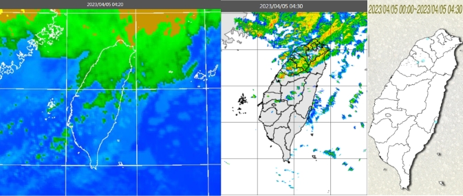 左圖：5日4：20紅外線色調強化雲圖顯示，華南雲系移出，北台灣雲量稍增。中圖：4：30雷達回波合成圖顯示，雲層伴隨零星降水回波。右圖：4：30累積雨量圖顯示，苗栗以北有零星飄雨。   圖/「三立準氣象．老大洩天機」專欄
