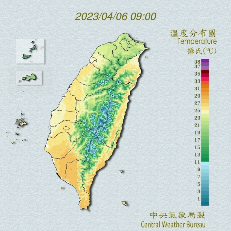 今日各地區平地氣溫，北部17至27度，中部21至32度，南部22至34度，東部19至32度。   圖：翻攝自中央氣象局官網