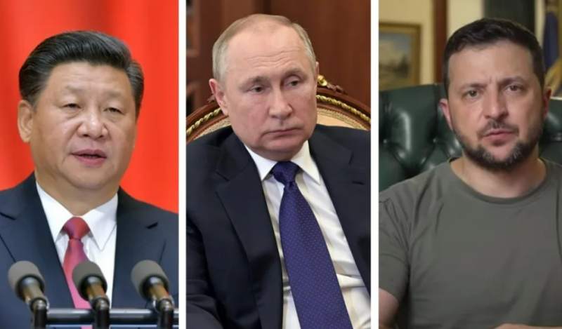 中國領導人習近平(左)、俄羅斯總統普丁與烏克蘭總統澤連斯基(右)。   圖：翻攝自央視網、俄羅斯總統普丁推特、澤連斯基臉書(新頭殼合成)