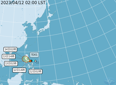 在菲律賓東方海面的熱帶性低氣壓TD01，正以每小時7公里速度，向西北西進行。   圖：中央氣象局／提供