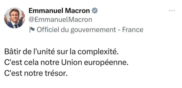 法國總統馬克宏連發推特，宣揚他的「歐洲自主」、「棄台論」。 圖 : 翻攝自馬克宏推特