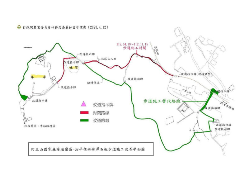 阿里山國家森林遊樂區姊妹潭附近步道施工封閉及替代路線圖。   圖：嘉義林區管理處／提供