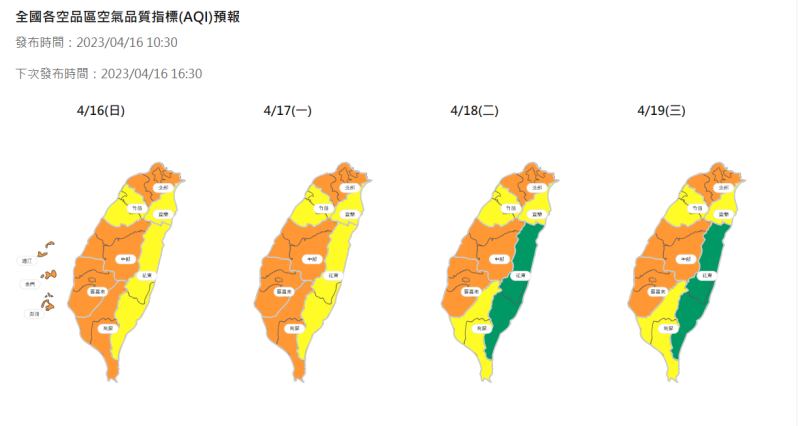 環保署今(16)日公布 17-19日空品預告，直至18日花東空品可標為「良好」等級，但西半部卻有可能在短時間內達紅色警示(對所有族群都不健康)，民眾仍需注意。   圖：翻攝自環保署網站