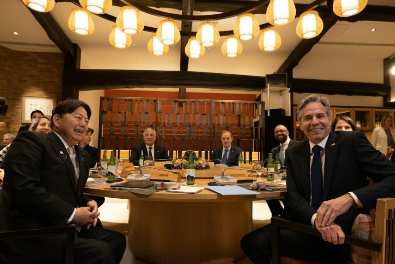 七大工業國集團（G7）外長會議16日晚間在日本長野縣輕井澤町開幕，討論議題包括中國在台灣周邊加強軍事演習等，並確認台海和平穩定的重要性。   圖：翻攝布林肯推特