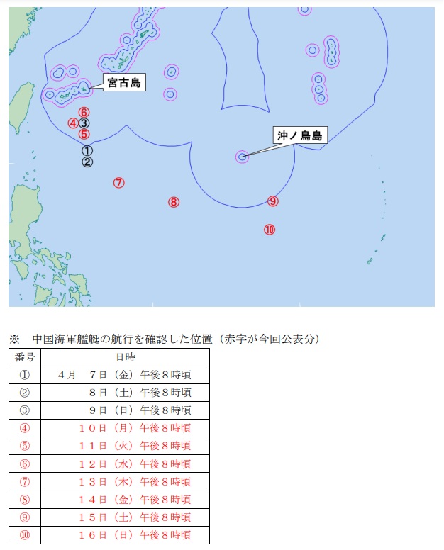 日本防衛省統合幕僚監部發布監控中國解放軍海軍航空母艦「山東號(CV-17)」艦群最新動態。16日晚間8時位置在沖之鳥島南南東方710公里，接近關島。   圖：翻攝mod.go.jp官網