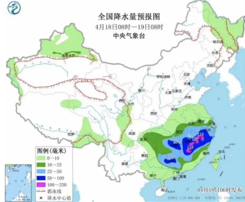 中國中央氣象台今（18）日早間發布暴雨藍色預警，預計今日白天至夜間，南方地區本輪較強降雨過程將進入最強時段。   圖：翻攝自中國中央氣象台