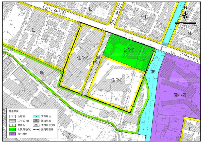 新莊高中一用地變更後主要計畫示意圖，除住宅區、道路用地，另規劃0.69公頃公園用地，後續將由體育處、交通局評估興建國民運動中心並共構停車場。   圖：新北市城鄉局提供