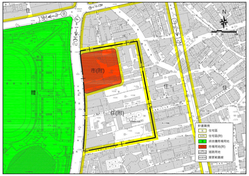 新莊高中二用地變更後主要計畫示意圖，除解編為住宅區，另規劃0.56公頃市場用地，後續將由市場處打造現代化零售市場，並引進多元公共設施。   圖：新北市城鄉局提供